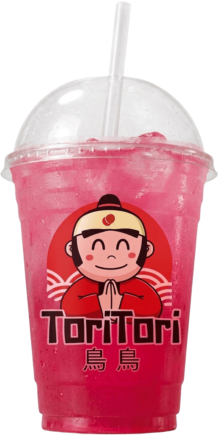 ToriTori Shibuya Pink Lemonade in a frosted dome-lid cup with ice and straw